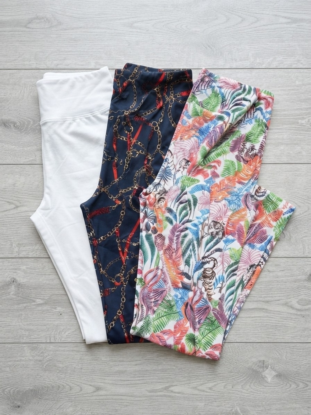 BUNDLE 3x Womens Small Leggings Solid White,Chain Print,  Jungle Tiger Upscale